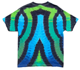 Tie-dye t-shirt with blue and green pattern on a white background